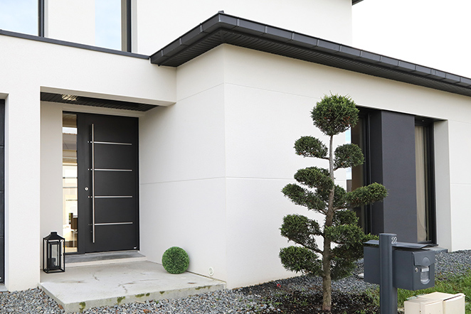 porte d'entrée cotim 11 avec des décors ton inox sur une façade de maison moderne