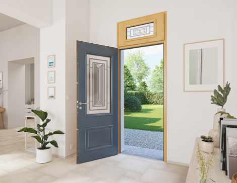 porte d'entrée mixte aluminium à l'extérieur et bois à l'intérieur de style classique avec un vitrage