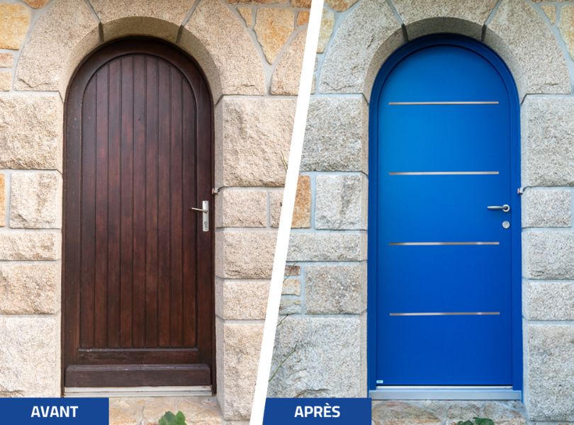 avant après d'une porte d'entrée d'une porte d'entrée sur une maison à la maçonnerie cintrée.