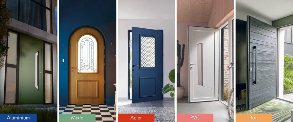 5 gammes de portes d'entrée Zilten classées par matériaux : aluminium, mixte, acier, pvc, bois.