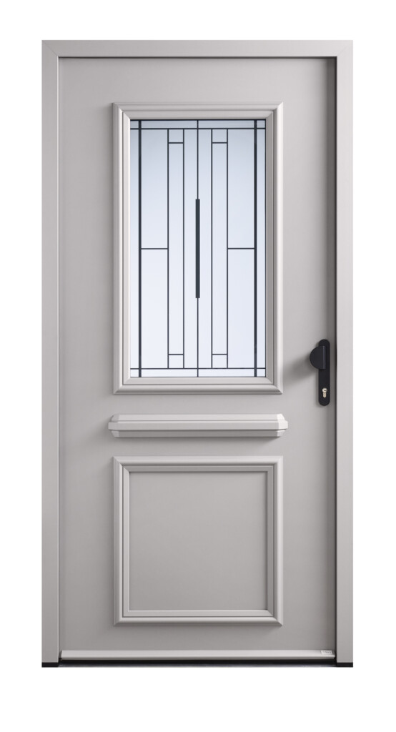 porte d'entrée vitrée avec une poignée de tirage noire et un vitrage sérigraphié