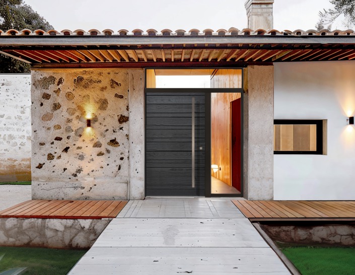 maison moderne en pierre avec une porte d'entrée moderne en bois brulé 