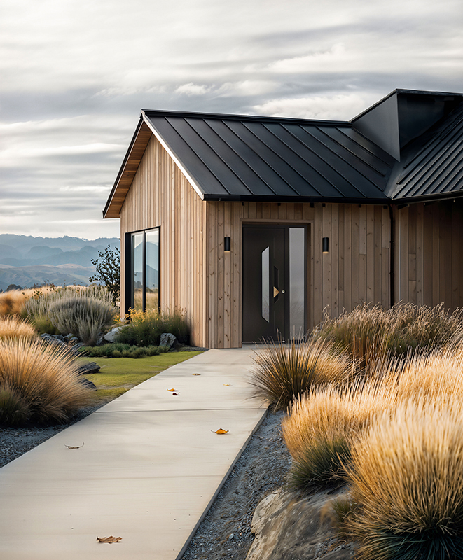 porte d'entrée acier isami 5 sur une maison en bois contemporaine