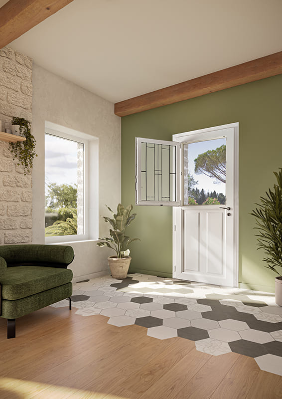 intérieur de maison vert et blanc avec une porte d'entrée pvc avec chassis ouvrant avec sérigraphie esprit art déco 